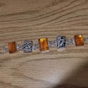 New Sterling silver Dalmation jasper and repressed  amber bracelet